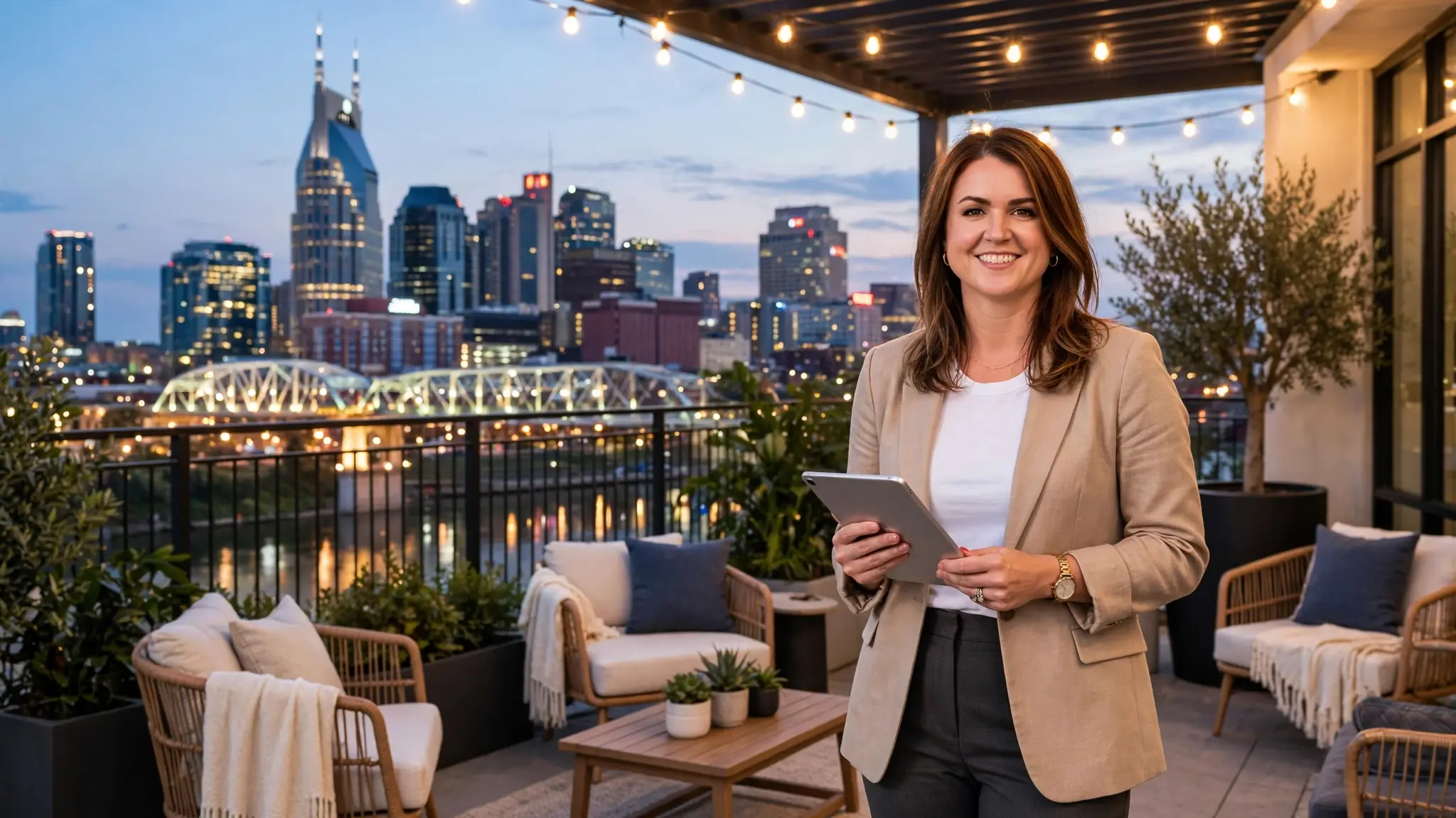 Nashville skyline and short-term rental terrace